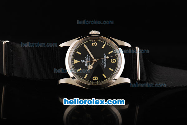 Rolex Explorer Automatic Movement Steel Case with Black Dial-Yellow Markers and Black Nylon Strap - Click Image to Close